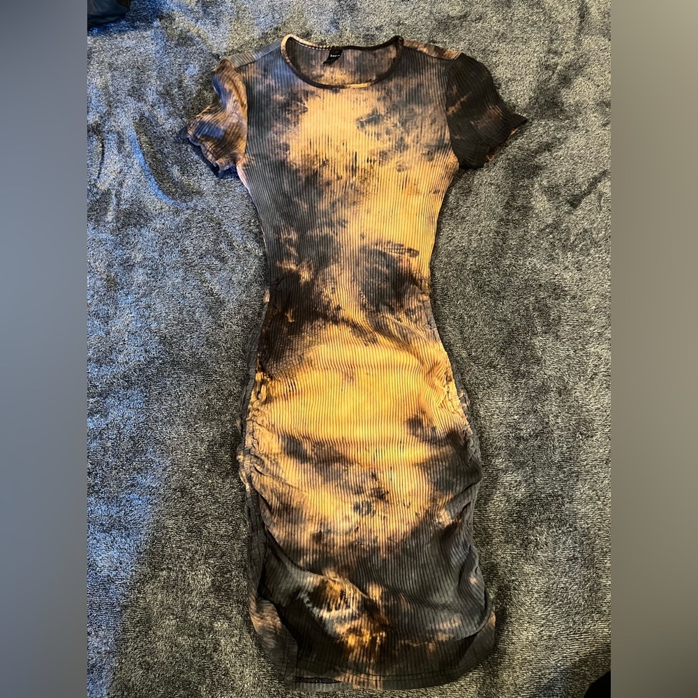 SHEIN bleach tie dye rouched bodycon above knee length dress- Size Small
